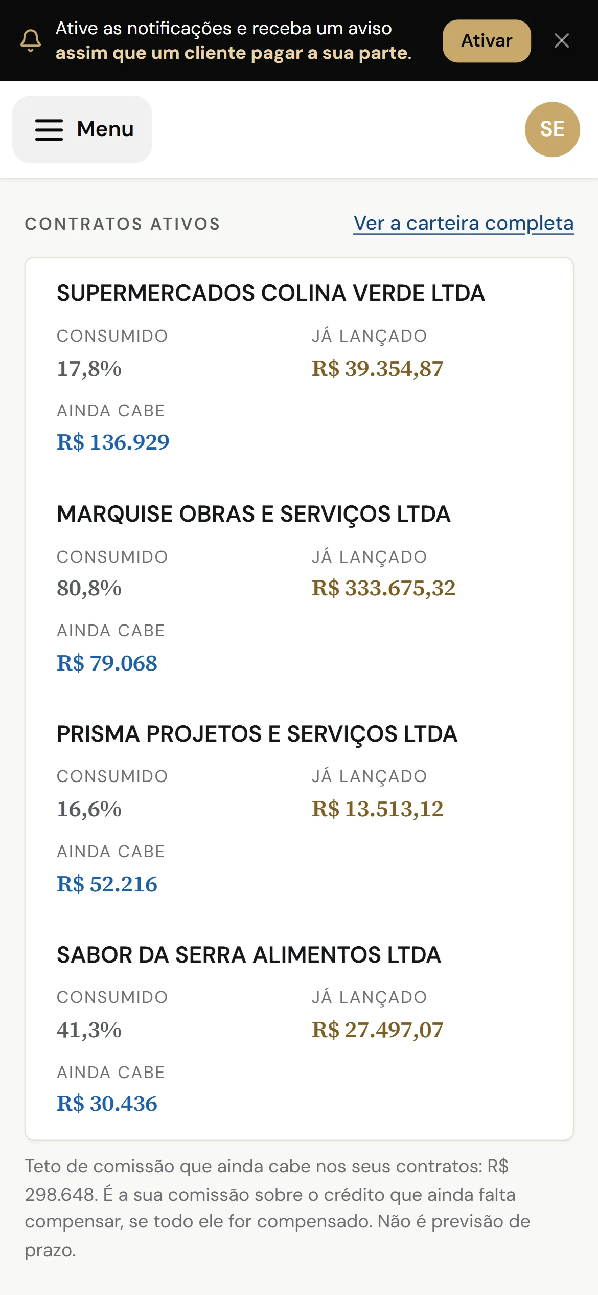 Contratos ativos do parceiro no celular, com o quanto do crédito já foi consumido e o que ainda cabe